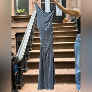 Shona Joy La Lune Asymmetrical Bias Cowl Midi Dress in Blue Smoke